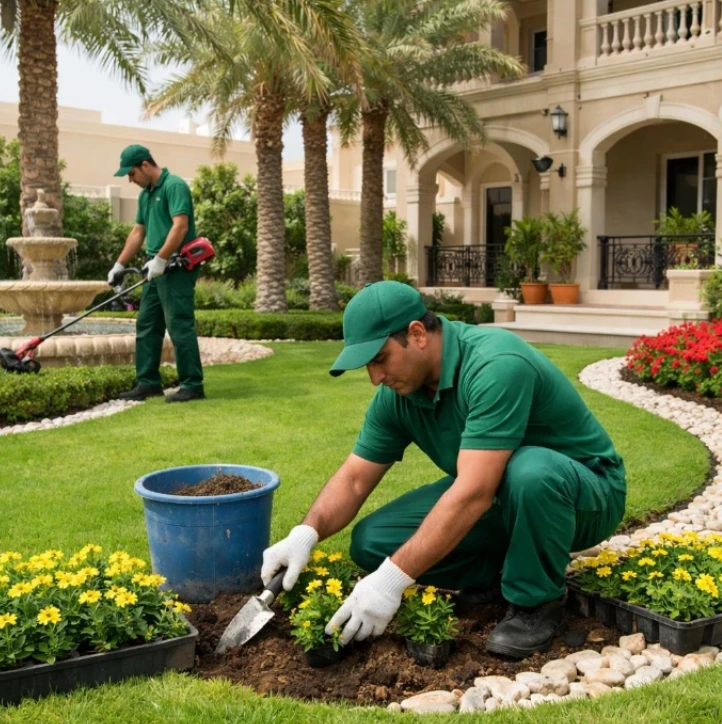 Professional landscaping company in Al Muroor Abu Dhabi offering garden design, landscape construction, decorative paving, lighting, and irrigation installation.