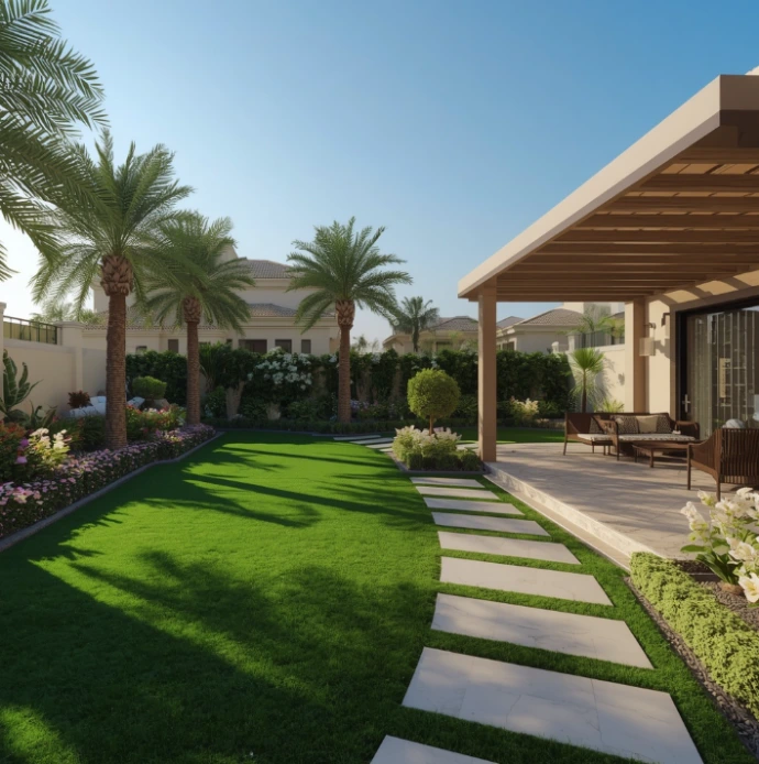 trusted landscaping specialists in Al Reef Abu Dhabi providing villa landscaping, decorative planting, pergolas, pathways, and sustainable irrigation systems.