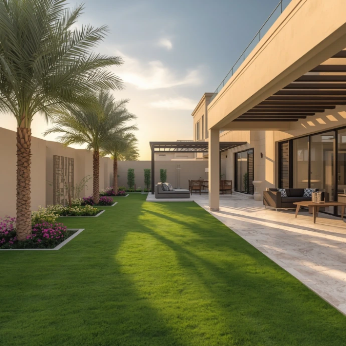 Premium landscape design services in Al Raha Gardens Abu Dhabi creating sophisticated gardens, outdoor entertainment areas, and sustainable greenery solutions.