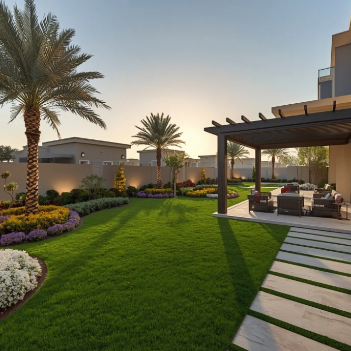 HDR lighting, ultra-sharp focus, realistic shadows, luxury outdoor living space, magazine-quality landscape design photography, 8K ultra-HD realism, award-winning landscaping composition.
