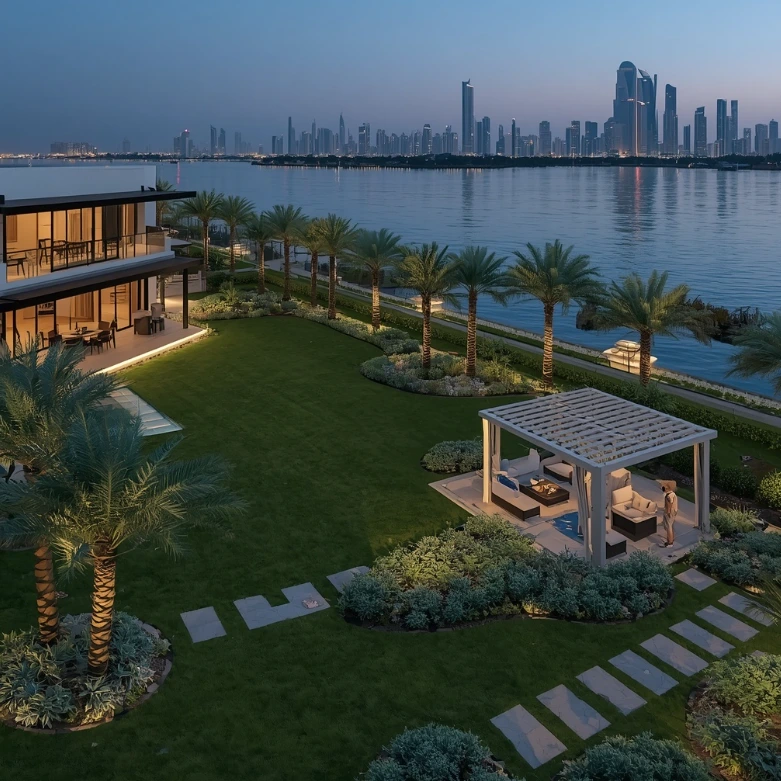 Garden design and landscaping services in Corniche Area Abu Dhabi. Luxury waterfront gardens, villa landscaping, pergolas, irrigation systems, and outdoor living spaces.