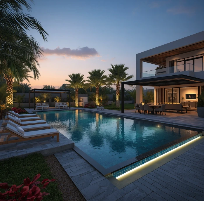 Abu Dhabi featuring artificial grass, decorative trees, flowering plants, elegant seating, and sustainable landscape design. Beautiful luxury villa garden in Al Mushrif Abu Dhabi featuring artificial grass, decorative trees, flowering plants, elegant seating, and sustainable landscape design.