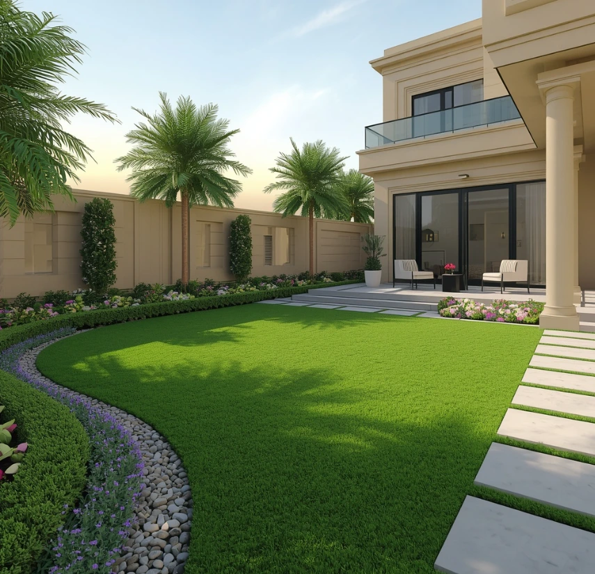 Al Mushrif Abu Dhabi with premium paving, tropical plants, ambient lighting, pergolas, and stylish outdoor entertainment areas. Luxury swimming pool landscaping in Al Mushrif Abu Dhabi with premium paving, tropical plants, ambient lighting, pergolas, and stylish outdoor entertainment areas.