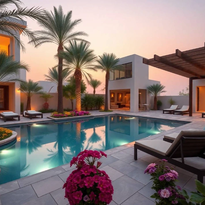 Al Khalidiyah Abu Dhabi featuring artificial grass, ornamental trees, flowering plants, elegant seating, and professionally designed sustainable landscaping solutions. Beautiful villa backyard in Al Khalidiyah Abu Dhabi featuring artificial grass, ornamental trees, flowering plants, elegant seating, and professionally designed sustainable landscaping solutions.