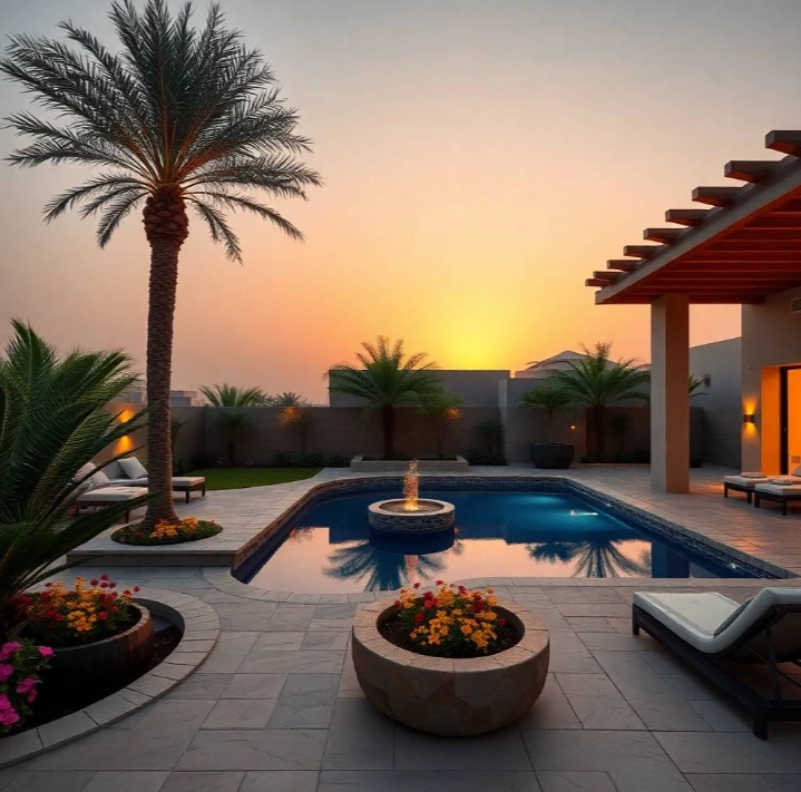 Al Shamkha Abu Dhabi featuring artificial grass, ornamental trees, flowering gardens, elegant seating, and professionally designed sustainable landscaping solutions. Modern luxury villa backyard in Al Shamkha Abu Dhabi featuring artificial grass, ornamental trees, flowering gardens, elegant seating, and professionally designed sustainable landscaping solutions.