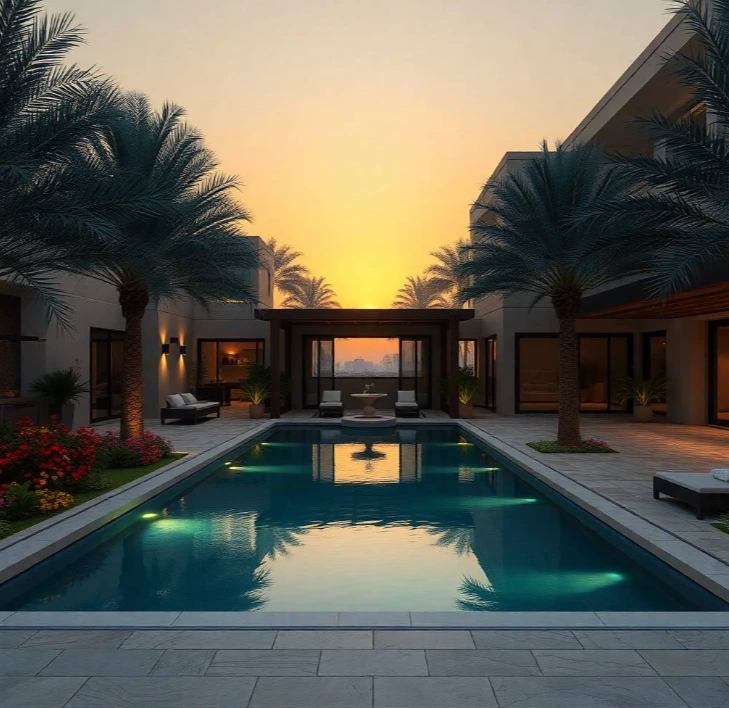 Shakhbout City Abu Dhabi featuring artificial grass, flowering gardens, decorative trees, outdoor seating, and sustainable landscape design solutions beautifully. Modern luxury villa backyard in Shakhbout City Abu Dhabi featuring artificial grass, flowering gardens, decorative trees, outdoor seating, and sustainable landscape design solutions beautifully.