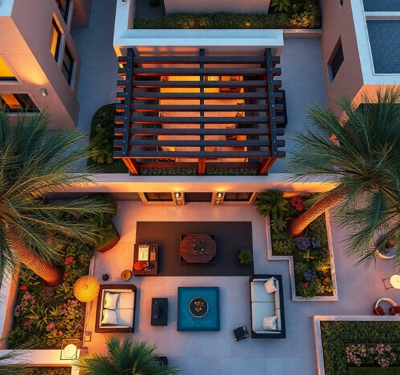 Al Maryah Island Abu Dhabi showcasing tropical greenery, stylish pergolas, ambient lighting, decorative paving, and elegant entertainment spaces beautifully. Luxury swimming pool landscaping in Al Maryah Island Abu Dhabi showcasing tropical greenery, stylish pergolas, ambient lighting, decorative paving, and elegant entertainment spaces beautifully.