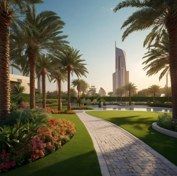 Professional landscaping company in Madinat Zayed Abu Dhabi offering landscape construction, decorative paving, garden renovations, irrigation installation, and outdoor lighting.