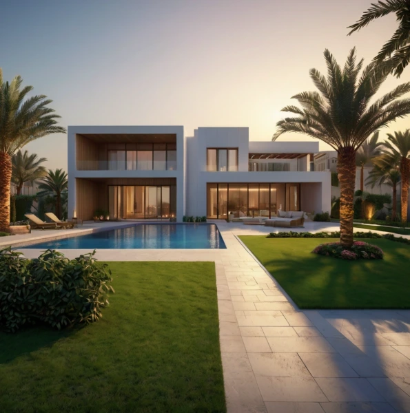 Luxury garden design and landscaping in Al Bandar Abu Dhabi with pool areas, artificial grass, irrigation systems, and elegant outdoor spaces.