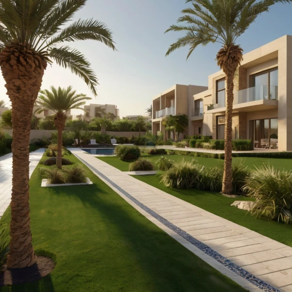 Luxury garden design and landscaping in Al Zeina Abu Dhabi with pool areas, artificial grass, irrigation systems, and elegant outdoor spaces.