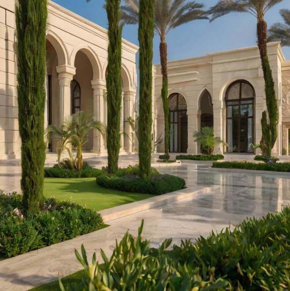 Luxury villa landscaping in Al Mushrif Abu Dhabi. Transform your outdoor space with modern design, plants, irrigation systems, and maintenance.