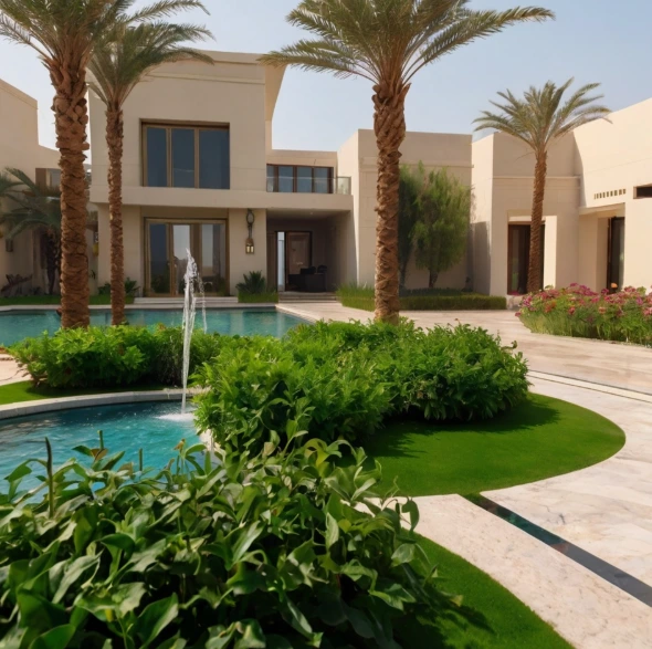 Luxury villa landscaping in Al Danah Abu Dhabi. Transform your outdoor space with modern design, plants, irrigation systems, and maintenance.