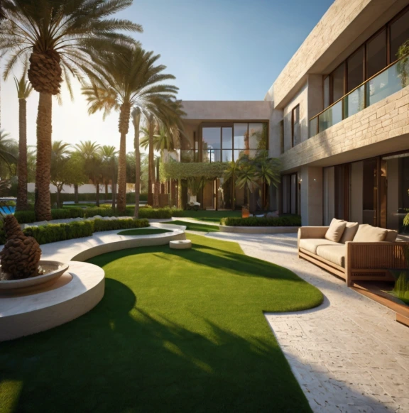 “Luxury poolside landscaping in Tourist Club Area Abu Dhabi villa, palm trees, clean tiles, lounge area, modern garden design, sunlight reflection on water, ultra HD realism”