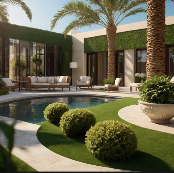 “Luxury poolside landscaping in Tourist Club Area Abu Dhabi villa, palm trees, clean tiles, lounge area, modern garden design, sunlight reflection on water, ultra HD realism”