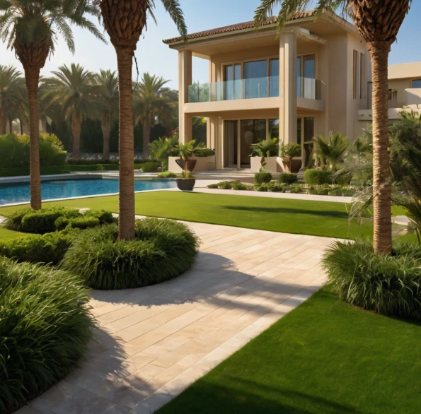 commercial landscaping in Al Raha Gardens Abu Dhabi. Transform office gardens and outdoor areas with professional design, irrigation, and maintenance solutions.