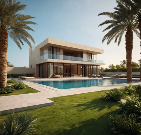 Premium villa landscaping in Saadiyat Island Abu Dhabi with modern designs, artificial grass installation, and efficient irrigation systems for UAE climate.
