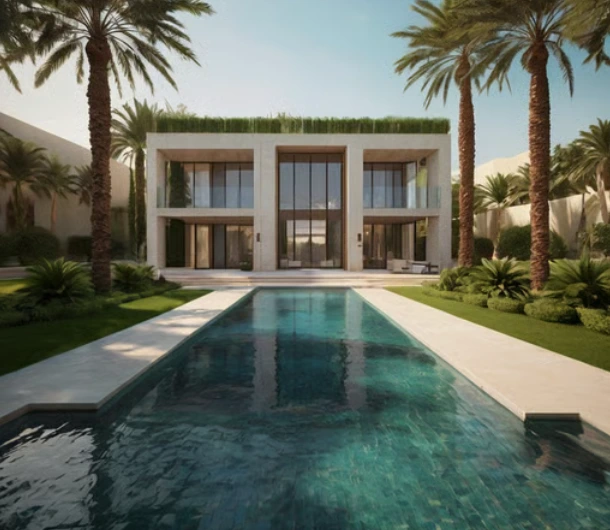 Premium villa landscaping in Al Mushrif Abu Dhabi with modern designs, artificial grass installation, and efficient irrigation systems for UAE climate.