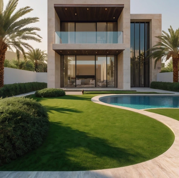 Professional garden landscaping in Mohammed Bin Zayed City Abu Dhabi with creative designs, artificial grass, and irrigation systems for homes and villas.