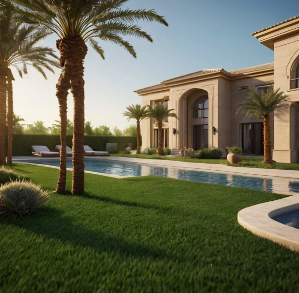 Premium villa landscaping in Al Muroor Abu Dhabi with luxury garden designs, smart irrigation, and outdoor solutions for UAE climate.