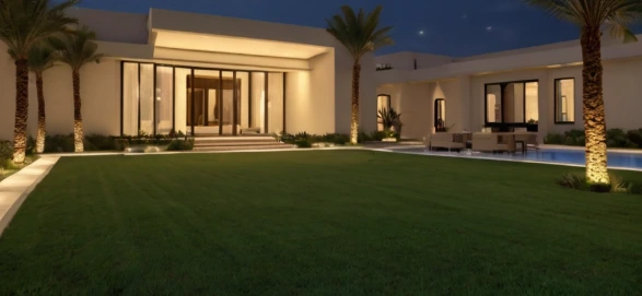Professional landscaping company in Shakhbout City Abu Dhabi offering landscape construction, decorative paving, lighting, irrigation installation, and garden design.
